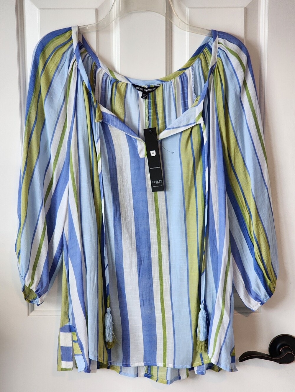 New With Tags Unique Spectrum Blue, Green & White Striped Tunic Womens Top XL
